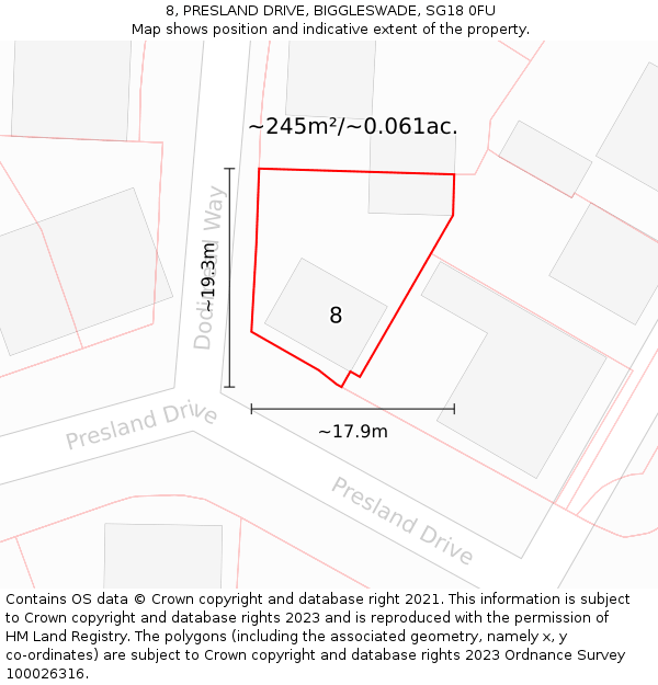 8, PRESLAND DRIVE, BIGGLESWADE, SG18 0FU: Plot and title map