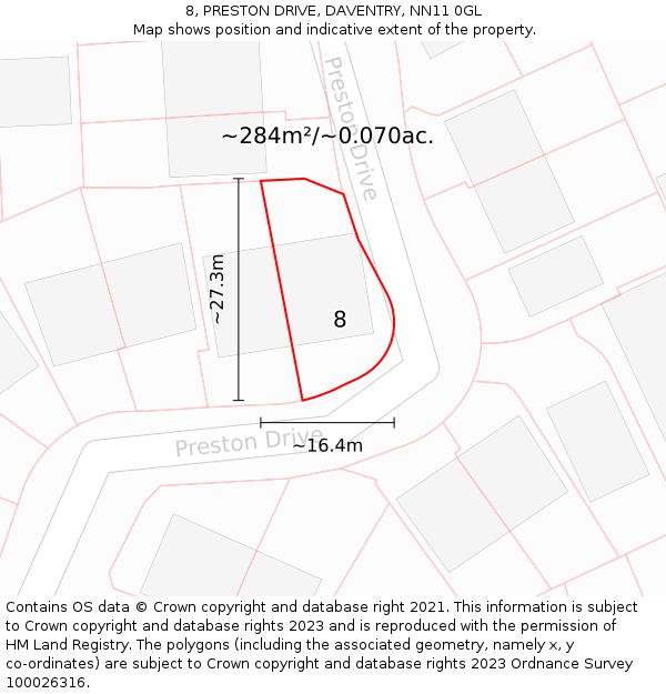 8, PRESTON DRIVE, DAVENTRY, NN11 0GL: Plot and title map