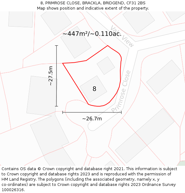 8, PRIMROSE CLOSE, BRACKLA, BRIDGEND, CF31 2BS: Plot and title map