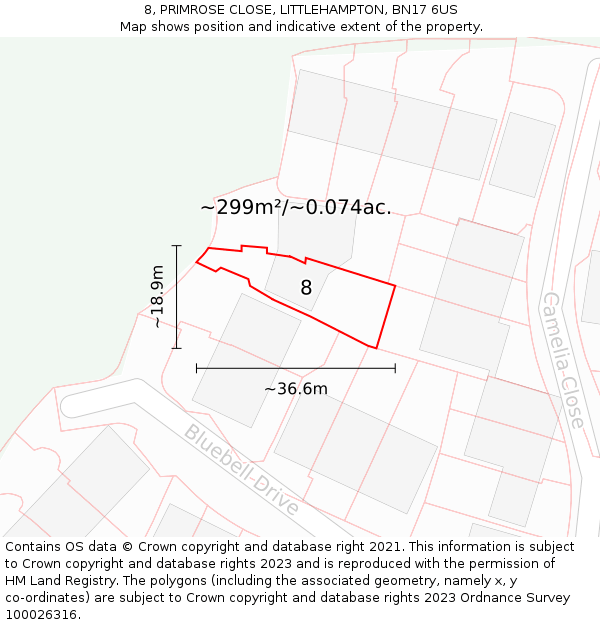 8, PRIMROSE CLOSE, LITTLEHAMPTON, BN17 6US: Plot and title map