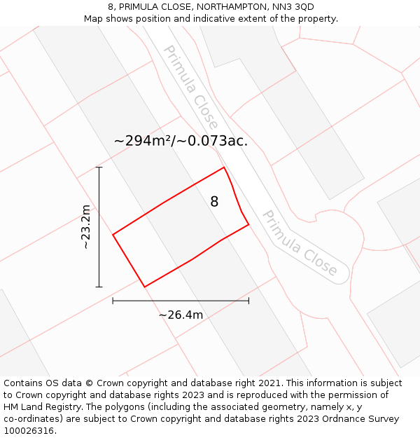 8, PRIMULA CLOSE, NORTHAMPTON, NN3 3QD: Plot and title map