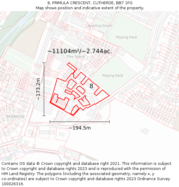 8, PRIMULA CRESCENT, CLITHEROE, BB7 1FG: Plot and title map