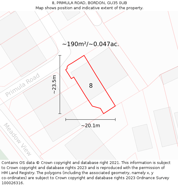 8, PRIMULA ROAD, BORDON, GU35 0UB: Plot and title map