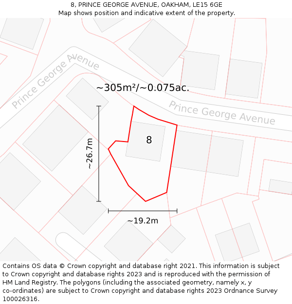 8, PRINCE GEORGE AVENUE, OAKHAM, LE15 6GE: Plot and title map
