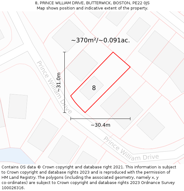 8, PRINCE WILLIAM DRIVE, BUTTERWICK, BOSTON, PE22 0JS: Plot and title map