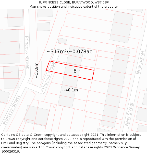 8, PRINCESS CLOSE, BURNTWOOD, WS7 1BP: Plot and title map