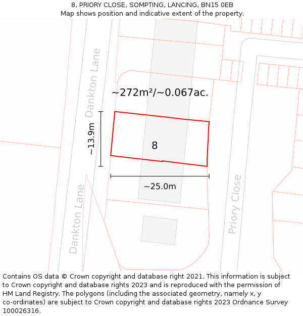 8, PRIORY CLOSE, SOMPTING, LANCING, BN15 0EB: Plot and title map