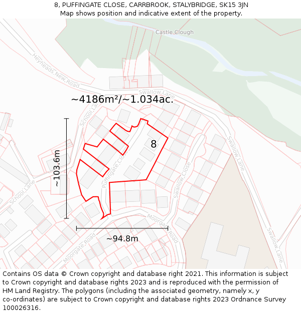 8, PUFFINGATE CLOSE, CARRBROOK, STALYBRIDGE, SK15 3JN: Plot and title map