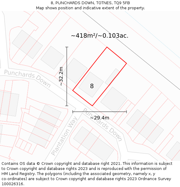 8, PUNCHARDS DOWN, TOTNES, TQ9 5FB: Plot and title map