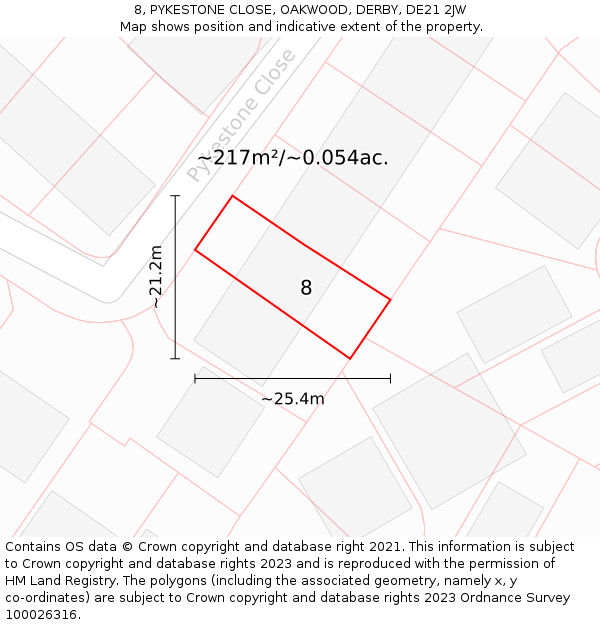 8, PYKESTONE CLOSE, OAKWOOD, DERBY, DE21 2JW: Plot and title map