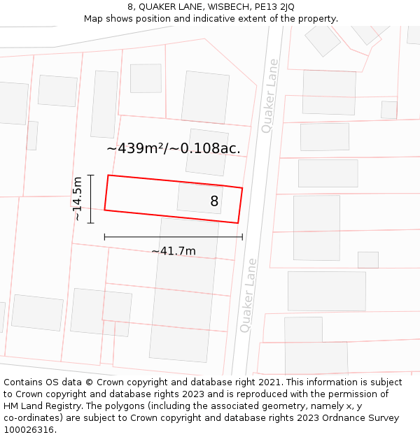 8, QUAKER LANE, WISBECH, PE13 2JQ: Plot and title map