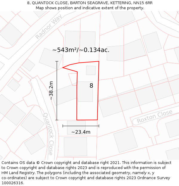 8, QUANTOCK CLOSE, BARTON SEAGRAVE, KETTERING, NN15 6RR: Plot and title map