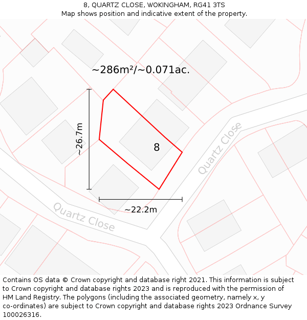 8, QUARTZ CLOSE, WOKINGHAM, RG41 3TS: Plot and title map