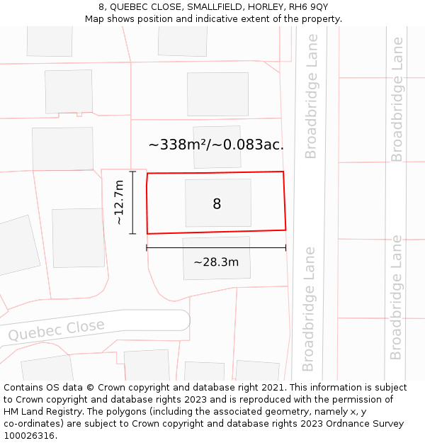 8, QUEBEC CLOSE, SMALLFIELD, HORLEY, RH6 9QY: Plot and title map
