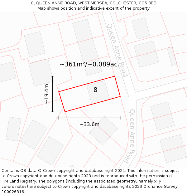 8, QUEEN ANNE ROAD, WEST MERSEA, COLCHESTER, CO5 8BB: Plot and title map