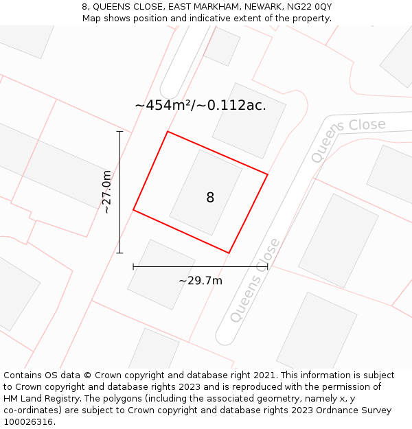 8, QUEENS CLOSE, EAST MARKHAM, NEWARK, NG22 0QY: Plot and title map