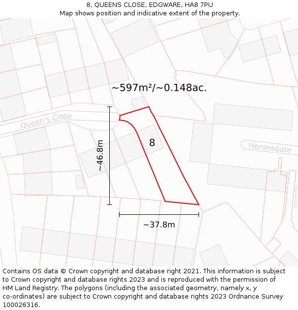 8, QUEENS CLOSE, EDGWARE, HA8 7PU: Plot and title map