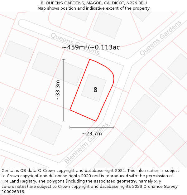 8, QUEENS GARDENS, MAGOR, CALDICOT, NP26 3BU: Plot and title map