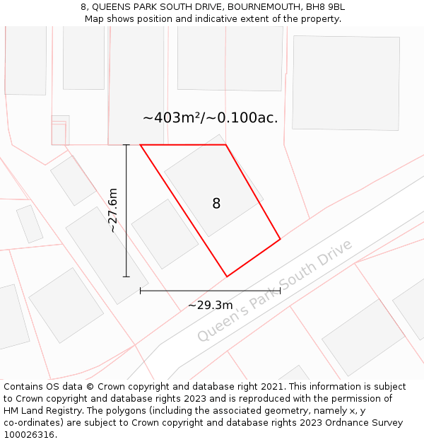 8, QUEENS PARK SOUTH DRIVE, BOURNEMOUTH, BH8 9BL: Plot and title map