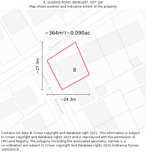 8, QUEENS ROAD, BENFLEET, SS7 1JW: Plot and title map