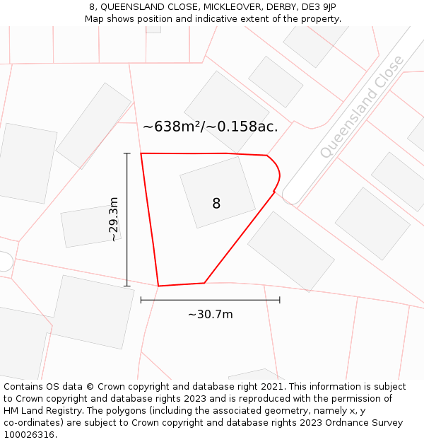 8, QUEENSLAND CLOSE, MICKLEOVER, DERBY, DE3 9JP: Plot and title map