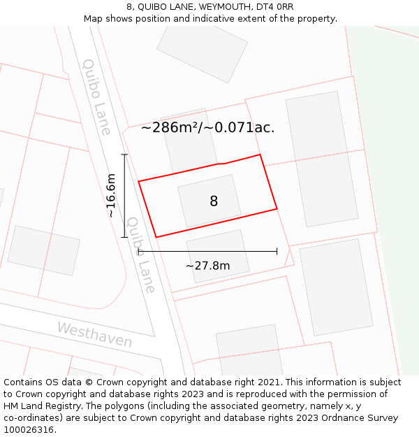 8, QUIBO LANE, WEYMOUTH, DT4 0RR: Plot and title map