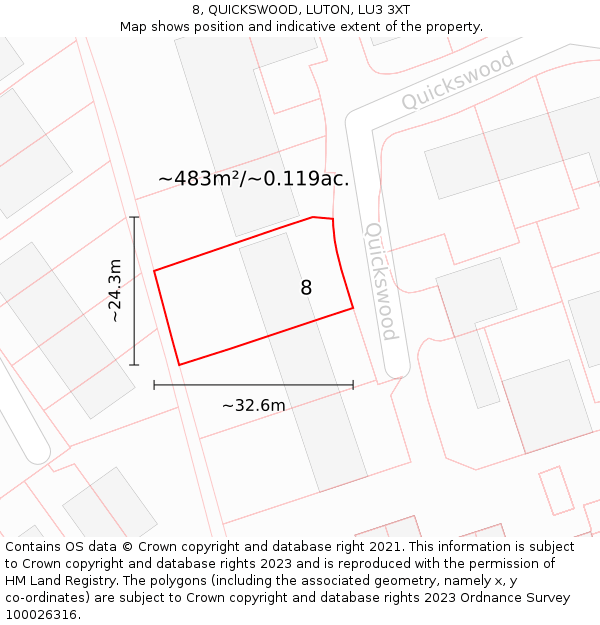 8, QUICKSWOOD, LUTON, LU3 3XT: Plot and title map