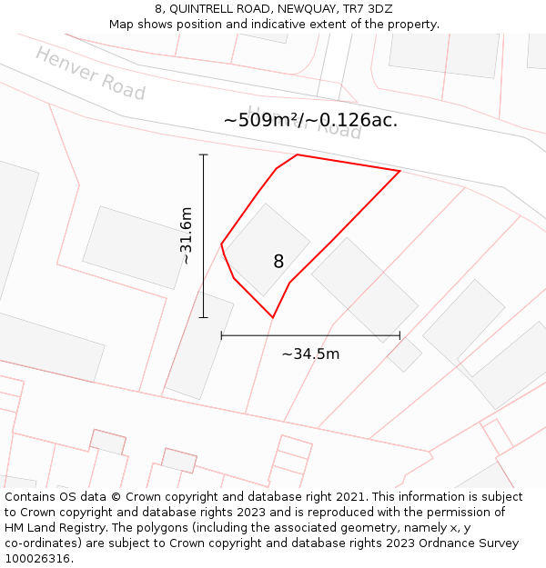 8, QUINTRELL ROAD, NEWQUAY, TR7 3DZ: Plot and title map