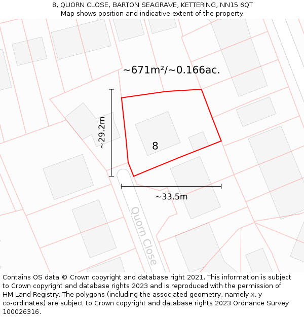 8, QUORN CLOSE, BARTON SEAGRAVE, KETTERING, NN15 6QT: Plot and title map