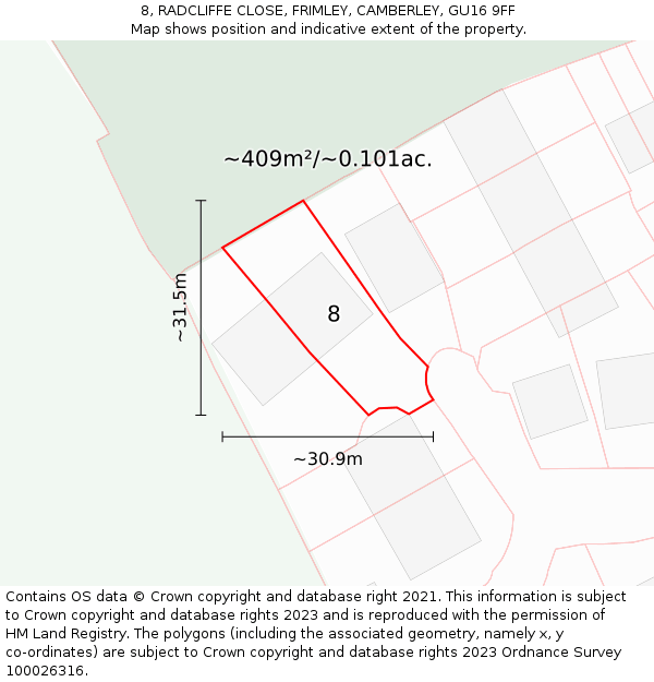8, RADCLIFFE CLOSE, FRIMLEY, CAMBERLEY, GU16 9FF: Plot and title map