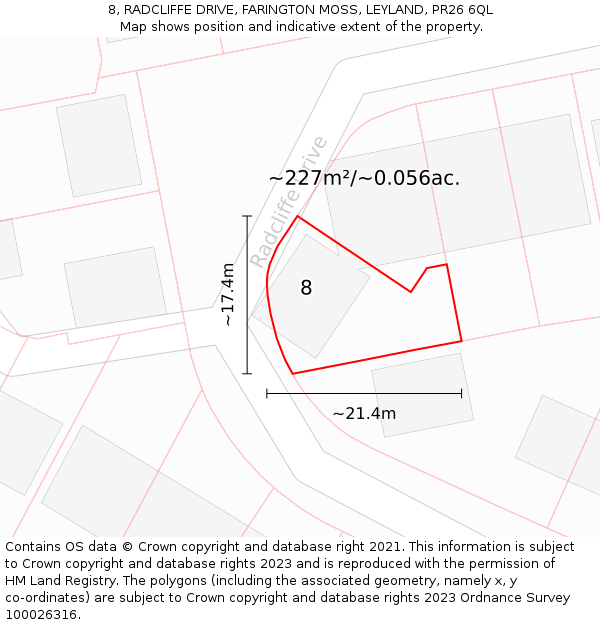 8, RADCLIFFE DRIVE, FARINGTON MOSS, LEYLAND, PR26 6QL: Plot and title map