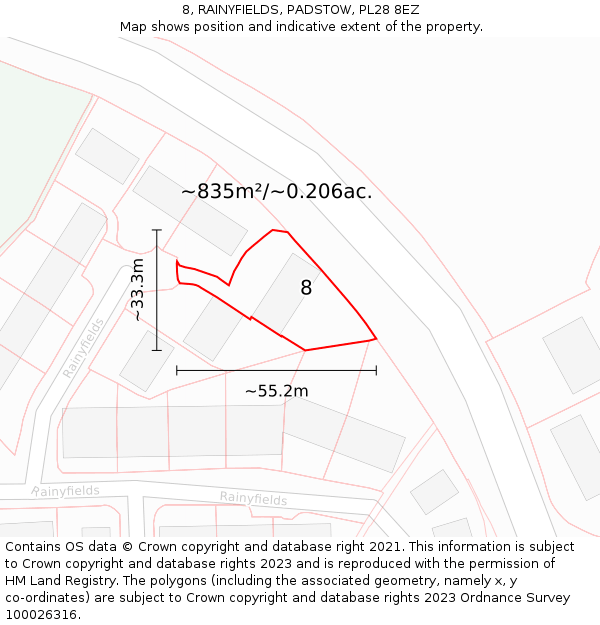 8, RAINYFIELDS, PADSTOW, PL28 8EZ: Plot and title map