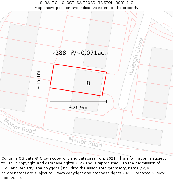 8, RALEIGH CLOSE, SALTFORD, BRISTOL, BS31 3LG: Plot and title map