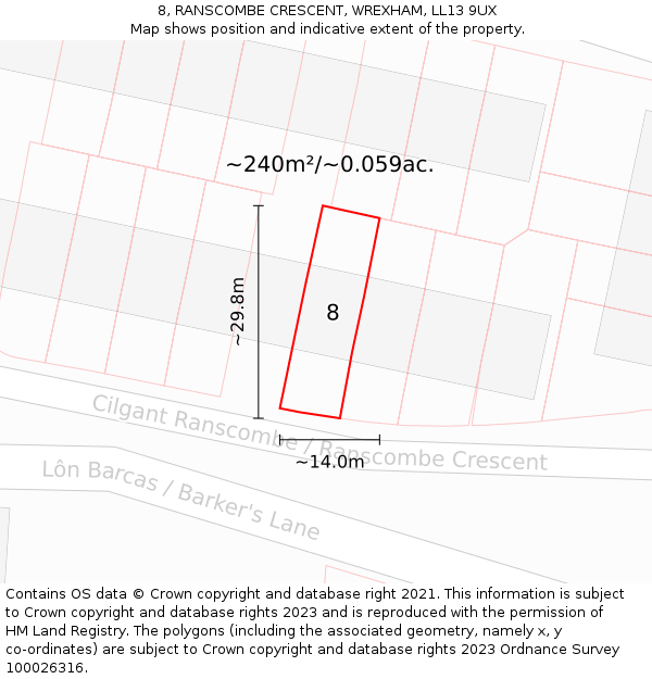 8, RANSCOMBE CRESCENT, WREXHAM, LL13 9UX: Plot and title map