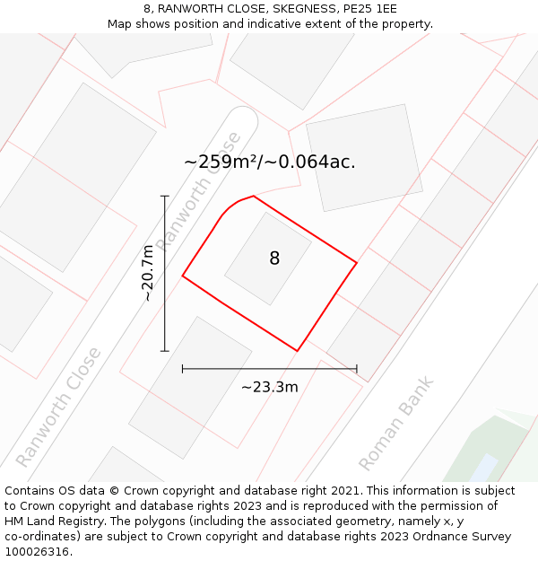 8, RANWORTH CLOSE, SKEGNESS, PE25 1EE: Plot and title map