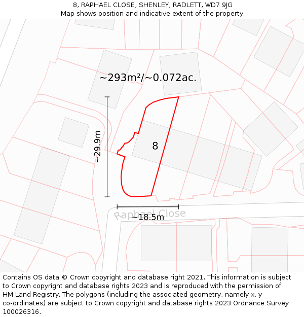 8, RAPHAEL CLOSE, SHENLEY, RADLETT, WD7 9JG: Plot and title map
