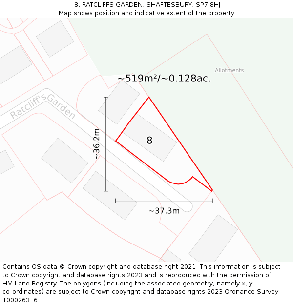 8, RATCLIFFS GARDEN, SHAFTESBURY, SP7 8HJ: Plot and title map