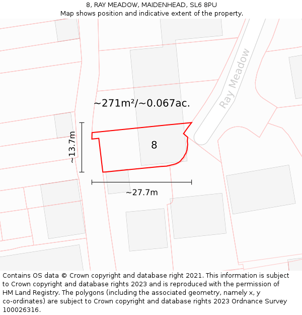 8, RAY MEADOW, MAIDENHEAD, SL6 8PU: Plot and title map