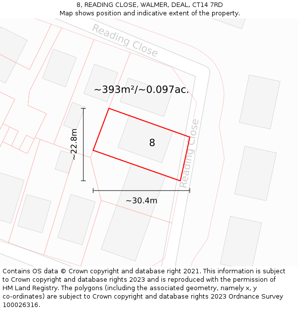 8, READING CLOSE, WALMER, DEAL, CT14 7RD: Plot and title map