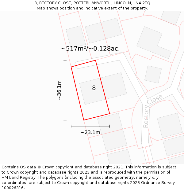 8, RECTORY CLOSE, POTTERHANWORTH, LINCOLN, LN4 2EQ: Plot and title map
