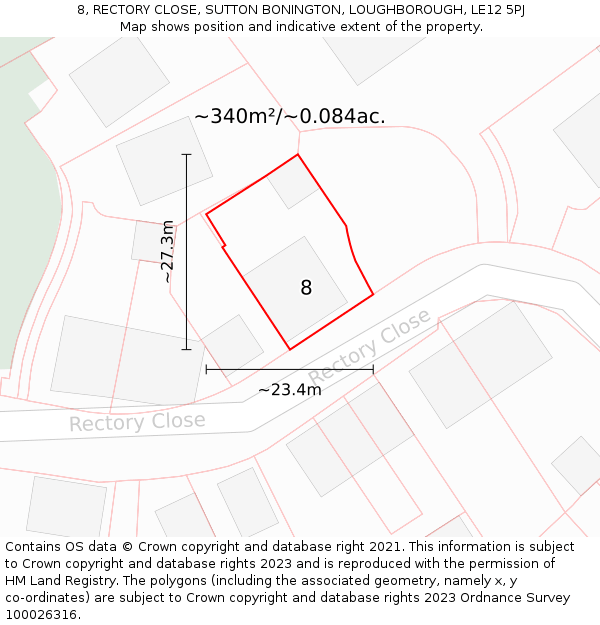 8, RECTORY CLOSE, SUTTON BONINGTON, LOUGHBOROUGH, LE12 5PJ: Plot and title map