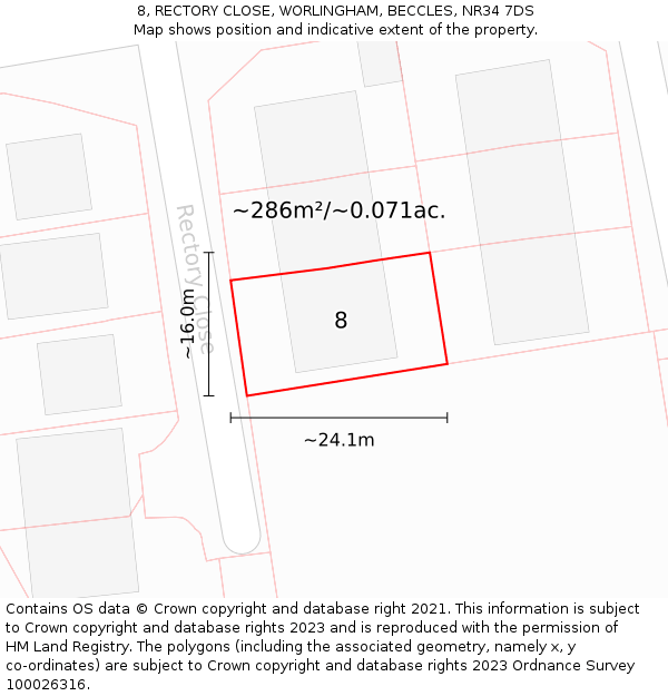 8, RECTORY CLOSE, WORLINGHAM, BECCLES, NR34 7DS: Plot and title map