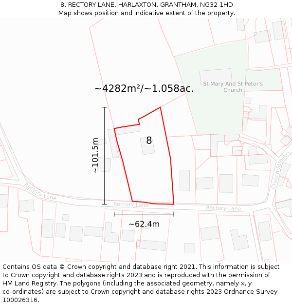 8, RECTORY LANE, HARLAXTON, GRANTHAM, NG32 1HD: Plot and title map