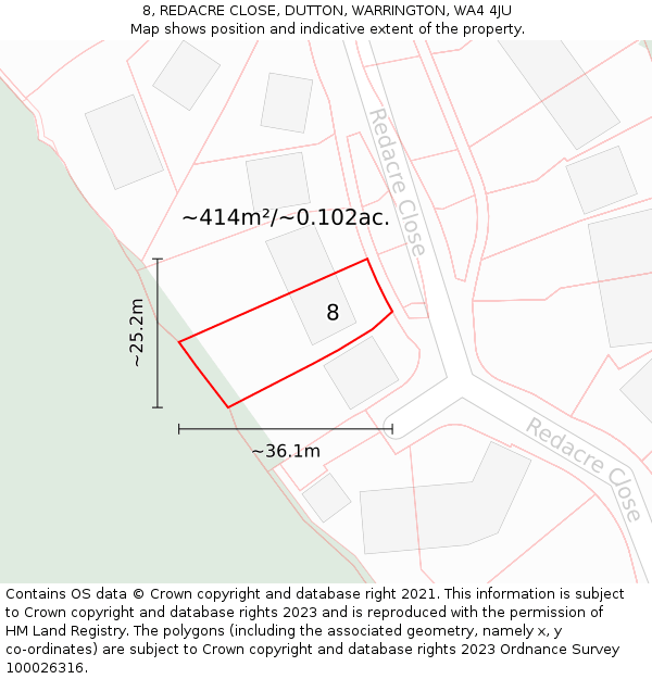 8, REDACRE CLOSE, DUTTON, WARRINGTON, WA4 4JU: Plot and title map
