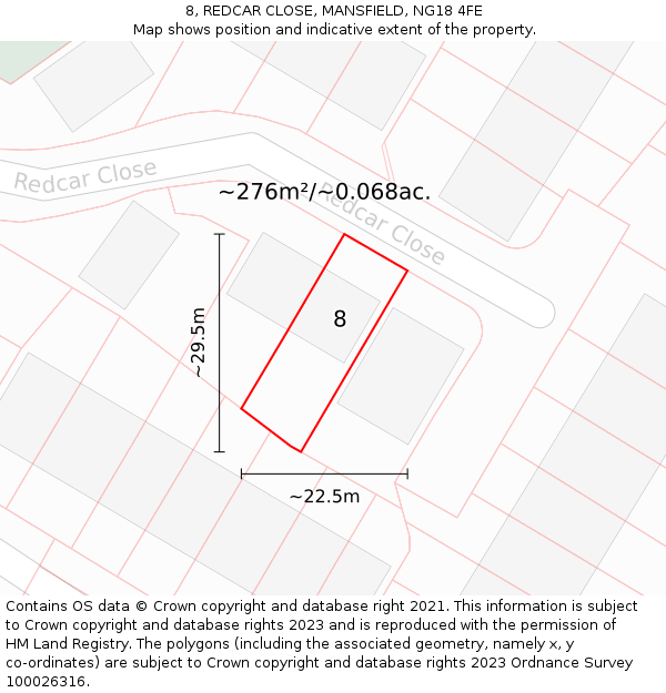 8, REDCAR CLOSE, MANSFIELD, NG18 4FE: Plot and title map