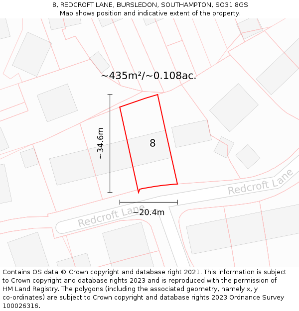 8, REDCROFT LANE, BURSLEDON, SOUTHAMPTON, SO31 8GS: Plot and title map