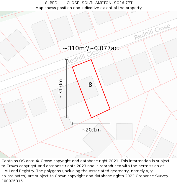 8, REDHILL CLOSE, SOUTHAMPTON, SO16 7BT: Plot and title map