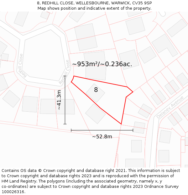 8, REDHILL CLOSE, WELLESBOURNE, WARWICK, CV35 9SP: Plot and title map
