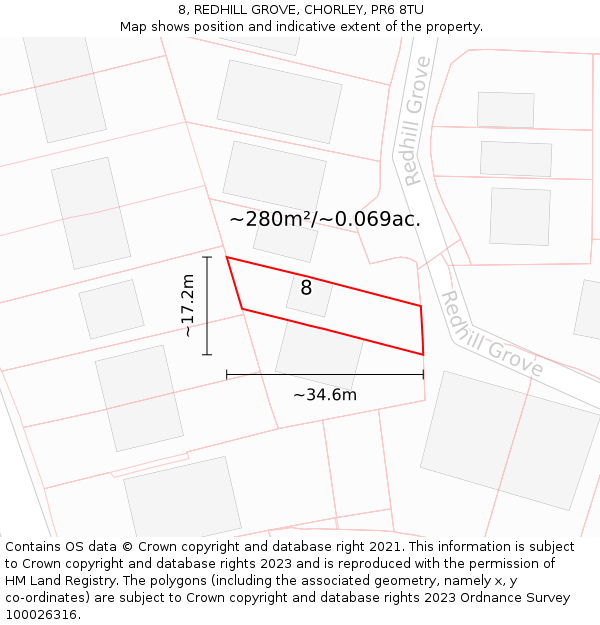8, REDHILL GROVE, CHORLEY, PR6 8TU: Plot and title map