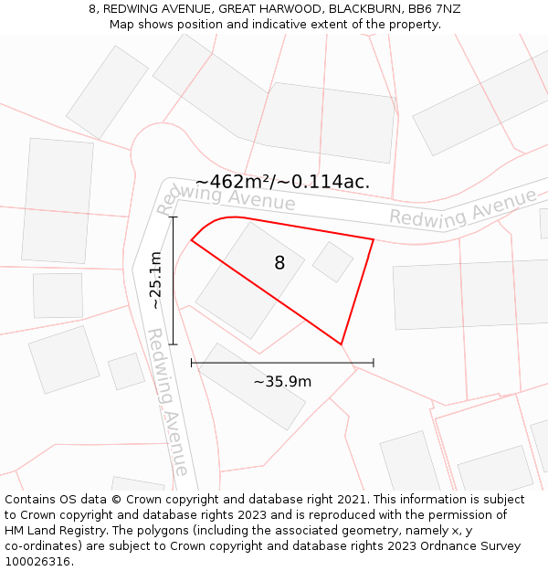8, REDWING AVENUE, GREAT HARWOOD, BLACKBURN, BB6 7NZ: Plot and title map